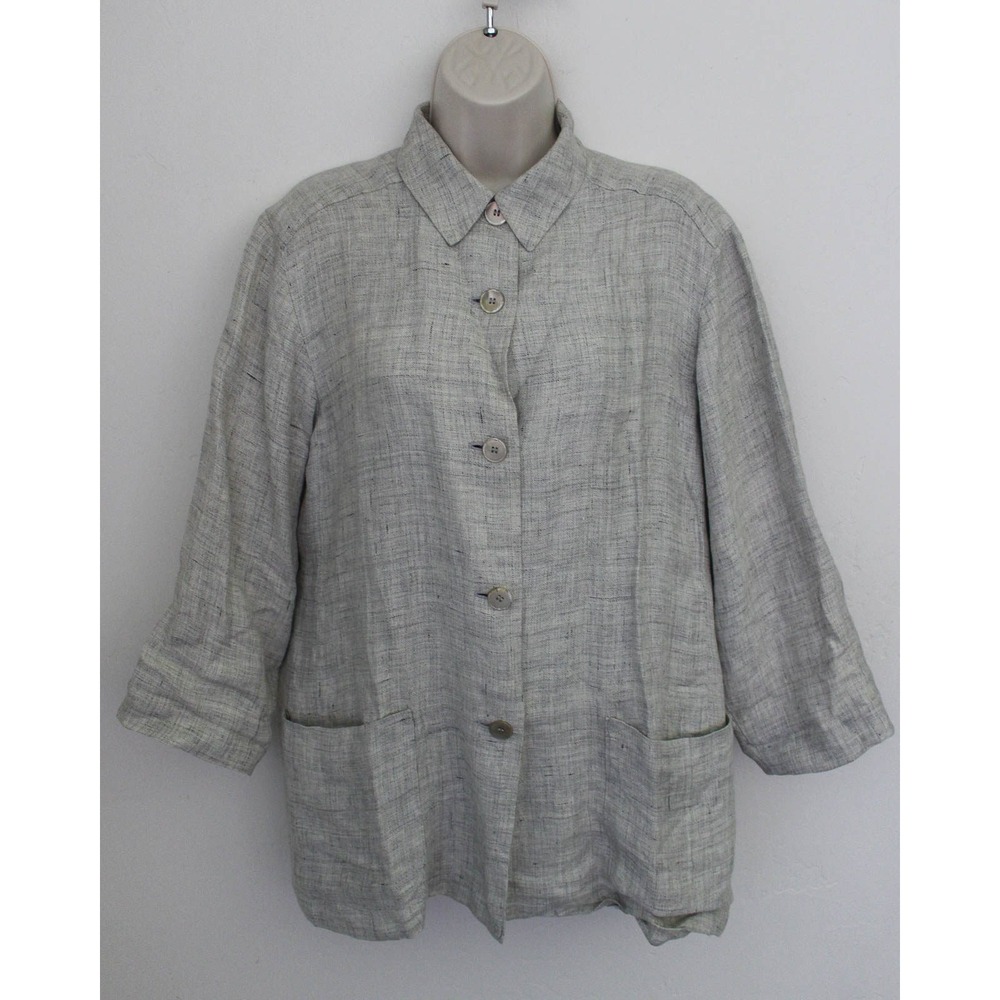 Max Mara Flax Linen Jacket Womens 8 Gray Button Front Relaxed Italy Pockets